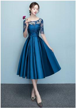 Picture of Lovely Blue Short Sleeves Lace and Satin Party Dresses, Blue Homecoming Dress